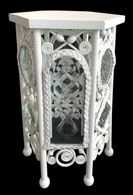 Antique Wicker Table ~ leaded & etched glass panels ~ rare ~ 1890s ~ hexagon gallery