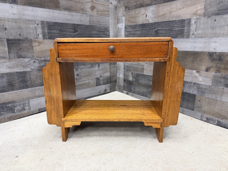 Vintage Art Deco Side Table Magazine Storage Rack Solid Wood Nightstand Drawer gallery