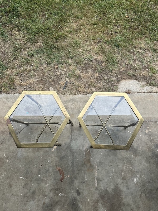 Vintage Hexagonal Brass Glass Side Tables Pair Hollywood Regency 18x18x16in gallery