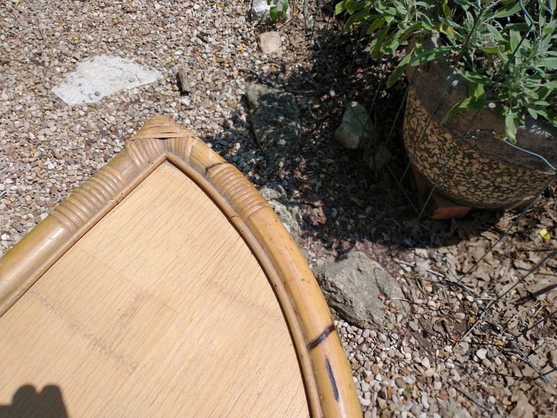 Vintage Mid Century Bamboo Boho Rattan Wicker Demilune Console Table gallery