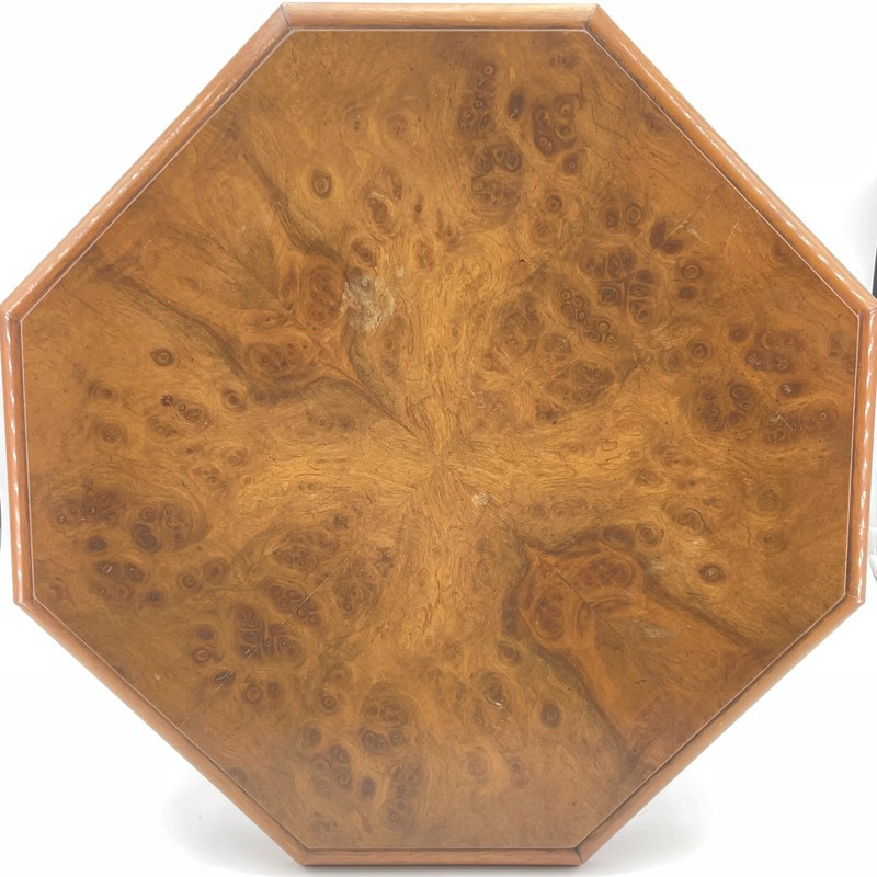 BAKER FURNITURE Octagonal Side Table Burl Wood Black Gold Accent Vintage 19x17 gallery