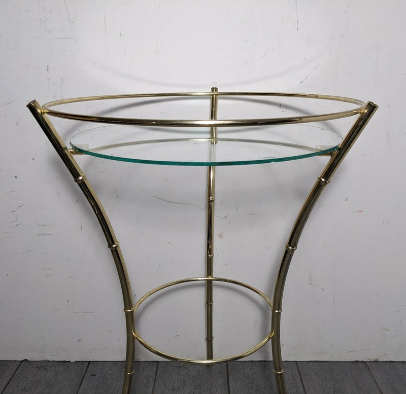 Vintage Mid Century Modern Gold Metal Faux Bamboo Round Glass Table Regency gallery