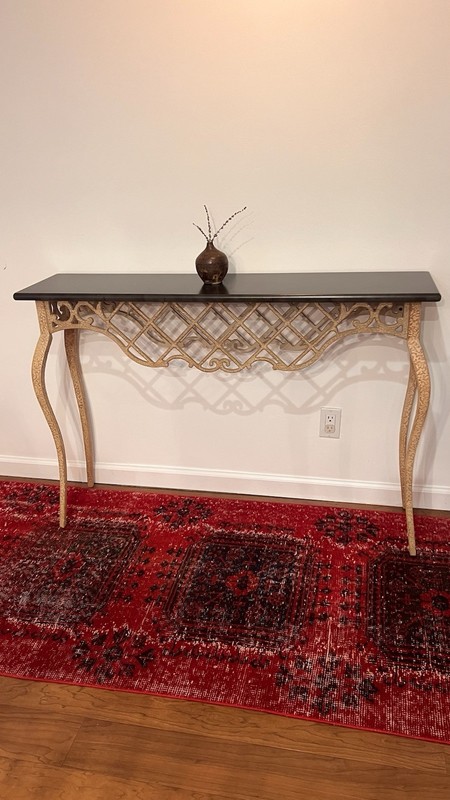 Vintage Bombay Co Console Table, Cream Metal, Faux Black Marble Top, Excellent gallery