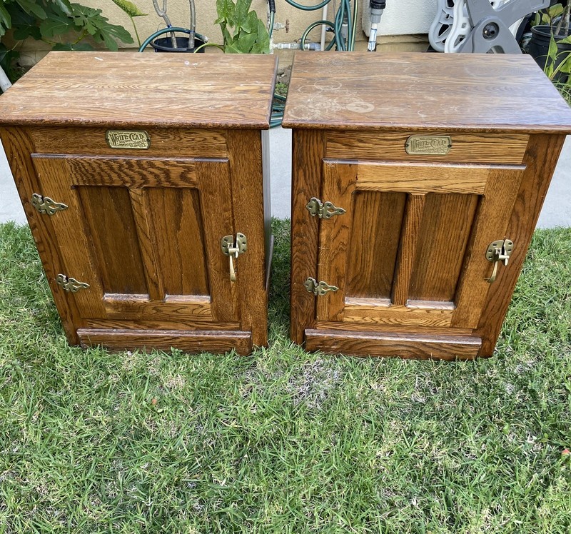 Pair of Vintage-Style White Clad Oak Ice Box Cabinets by Simmons Hardware