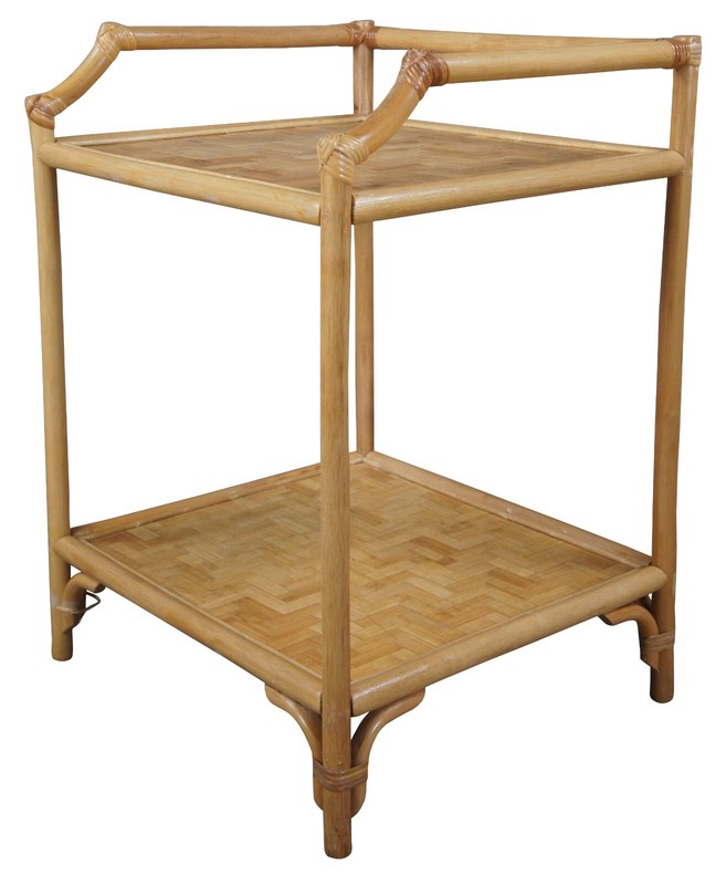 Vintage Bohemian Bamboo & Woven Rattan Etagere Side Table Plant Stand Boho Chic gallery