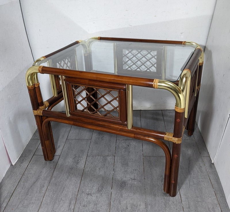 Vintage MCM Boho Hollywood Regency Bent Bamboo Asian End Table with Glass Top A