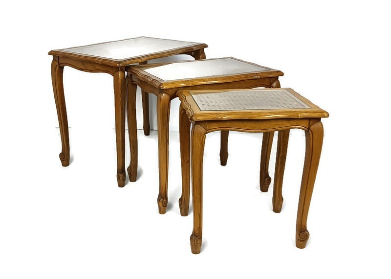 Set of 3 Wooden Nesting Stacking Side Tables Rush glass Barn Country Farmhouse s