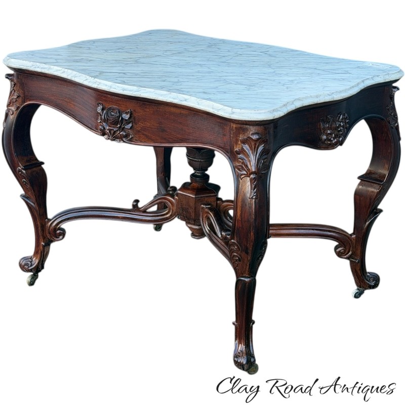 large antique victorian marble top carved center table parlor Rocco 1870 gallery