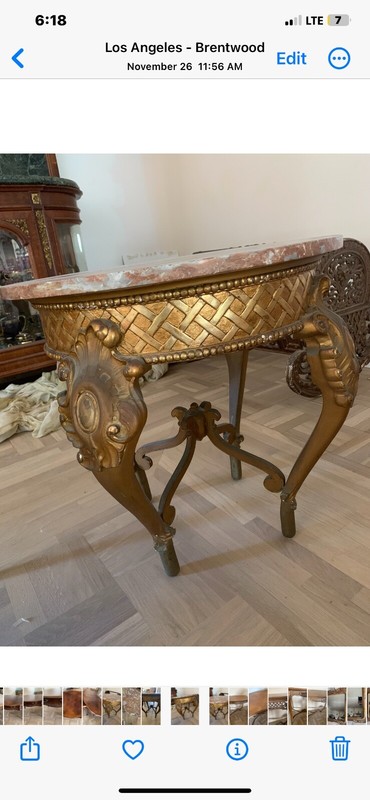 antique round side table marble top and carved wood gold leaf legs