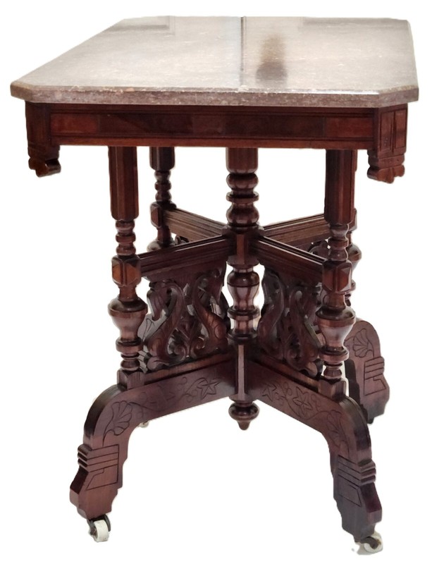 Center Parlor TABLE, Eastlake Victorian, Burl Walnut, Lyre, TN Brown Marble,33"L gallery