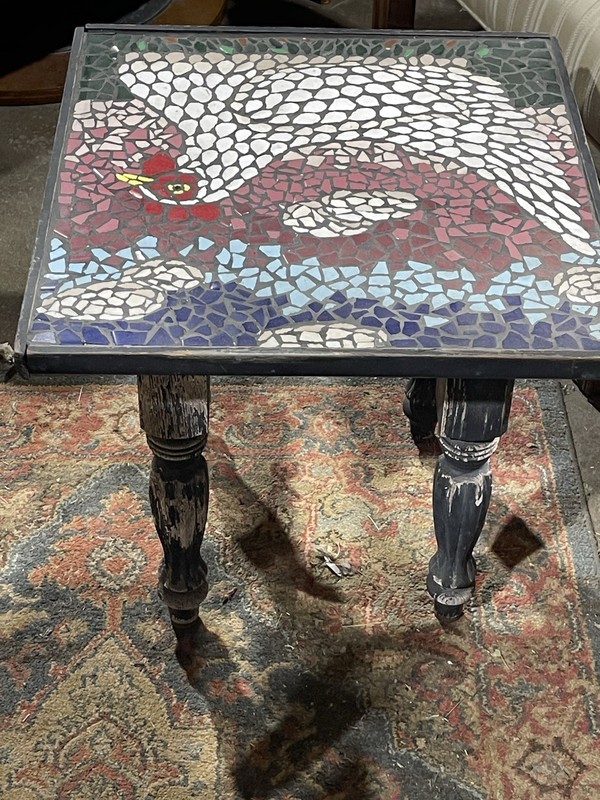 Pair Of Antique French Country Mosaic Chicken Rooster Side Tables Farmhouse gallery
