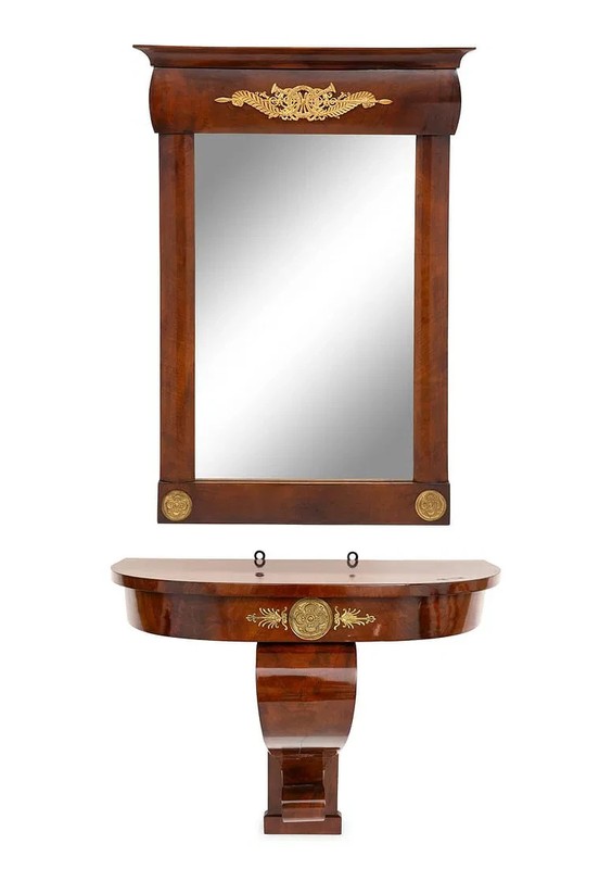 French Empire Style Parcel Gilt Bronze Mounted Mahogany Pier Mirror & Console