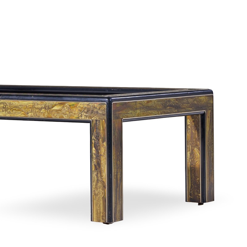 Bernhard Rohne Mid Century Acid Etched Brass and Glass Coffee Table gallery