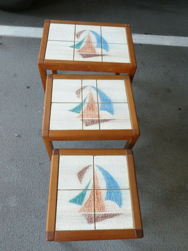 PAIR OF 1970'S DANISH MODERN NESTING TABLES WITH TILE TOPS NAUTICAL THEME gallery