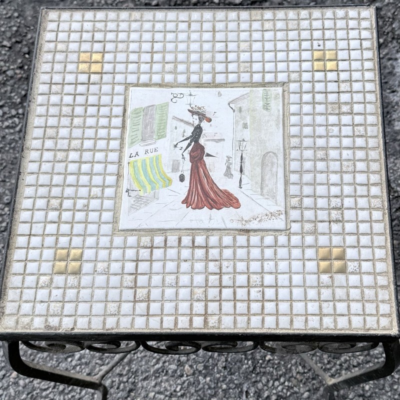 Vintage Mid Century Small Side Table Paris Lady Mosaic tiles Border Wrought Iron gallery