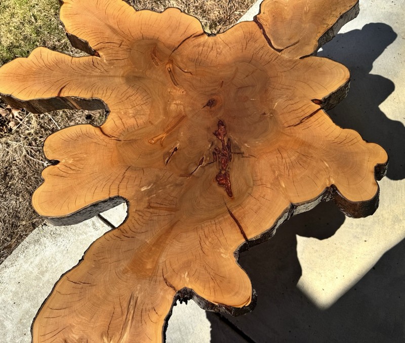 FOLK ART, VINTAGE CYPRUS LIVE EDGE TABLE EXPERT RESTORATION COPPER INLAY gallery