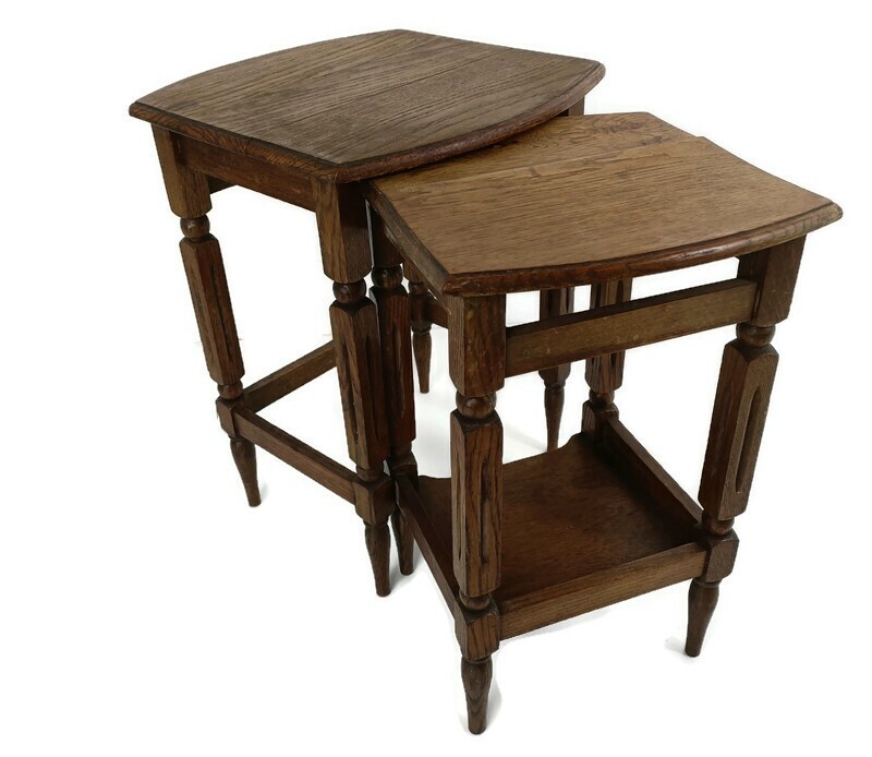 set of 2 nesting stacking tables, small, very special, carved wood, barn farmhou