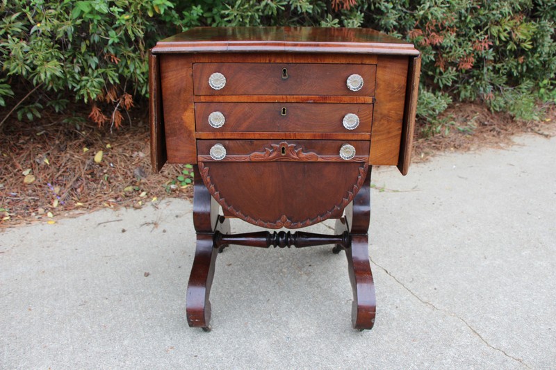 Empire Ca.1840 Flame Mahogany Three Drawer Drop Leaf Pot Belly Sewing Table gallery