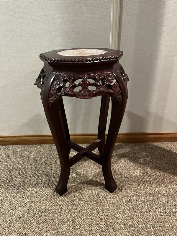 Vintage Chinese Rosewood With Marble Top Plant Stand Side Table Pedestal Carved