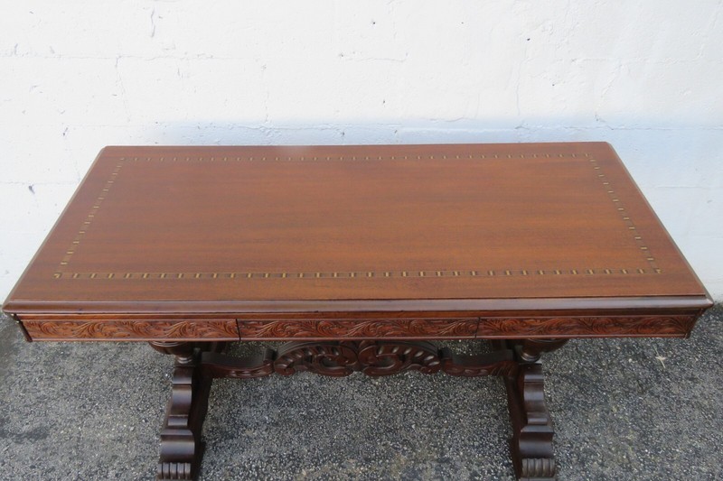 Early 1900s Carved Inlay Long Console Library Dining Extension Table 5392 gallery