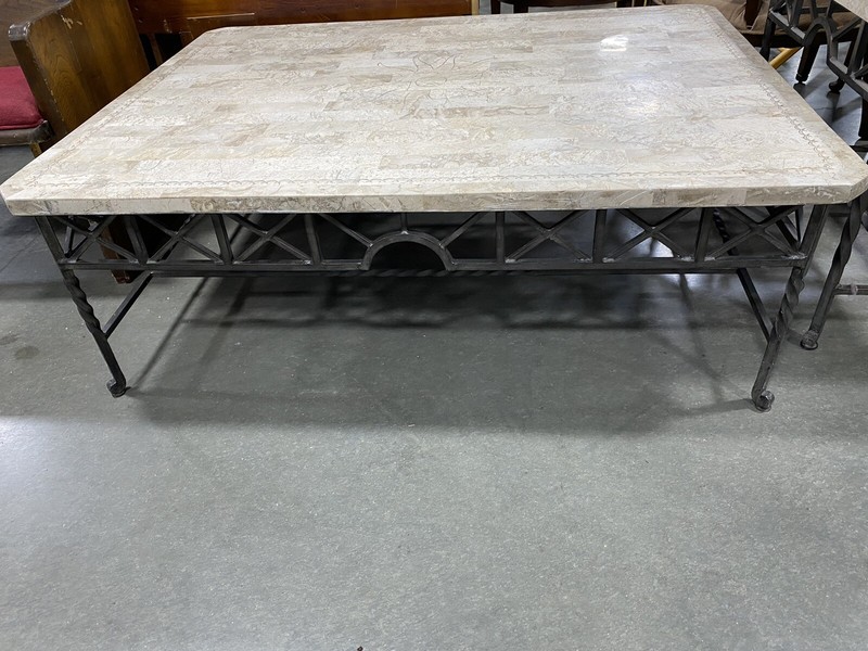 Vintage Tessellated Stone Coffee & End Table Sun Inlay Wrought Iron Frame gallery