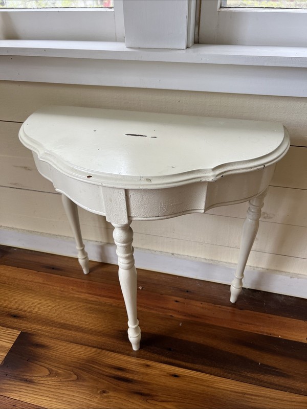 Antique Demi-Lune Console Table Solid Wood – Off White Painted – Turned Legs 24”