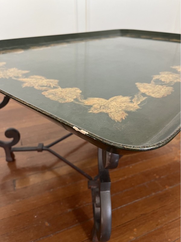 Italian Lacquered And Hand-Painted Gilt Wood Tray Top Coffee Table With Wrought gallery