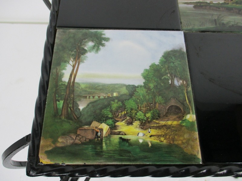 Vintage Side Table Plant stand Ceramic Tiles Wrought Iron Legs Farmlife scenes gallery