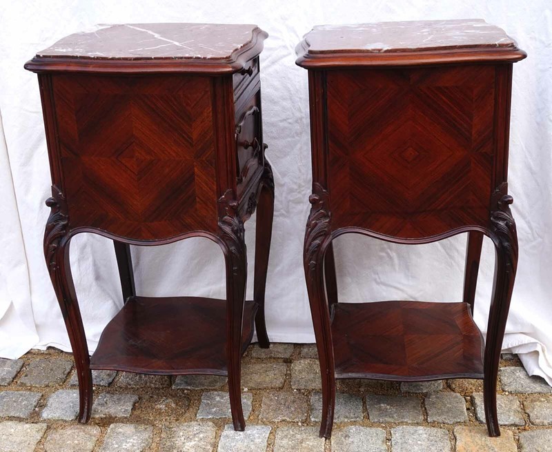 French Carved Rosewood Red Marble Pair Night Stand Side Table Louis XV Style 19C gallery