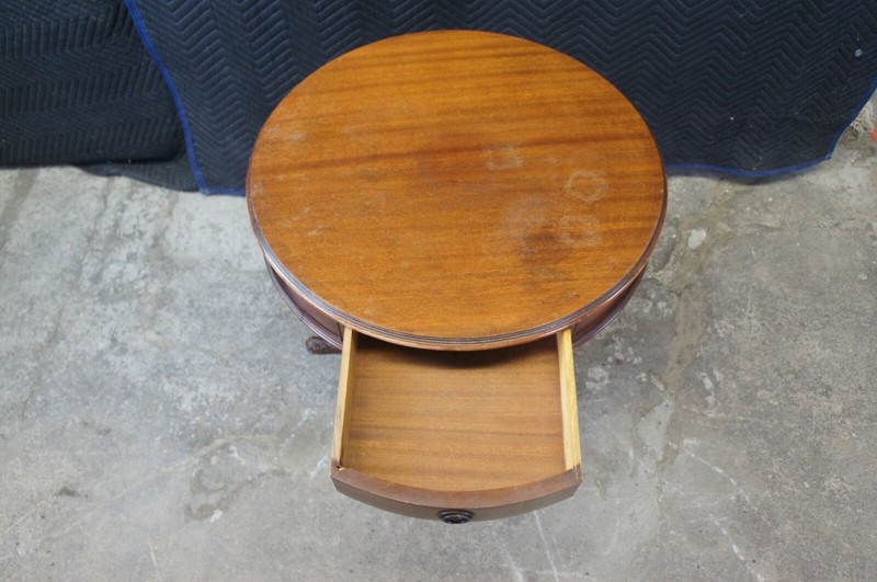 Antique English Georgian Style Mahogany Round Pedestal Drum Side Table Drawer gallery
