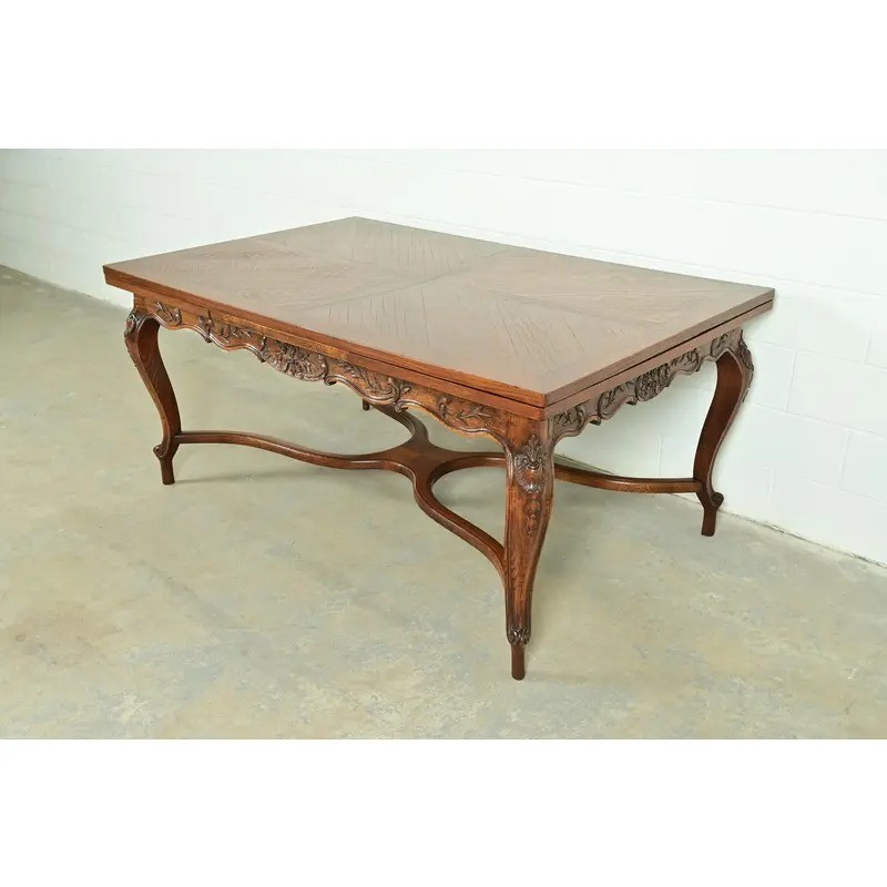 Baker Furniture Style French Provincial Louis XV Carved Oak Dining Table, 1960s gallery