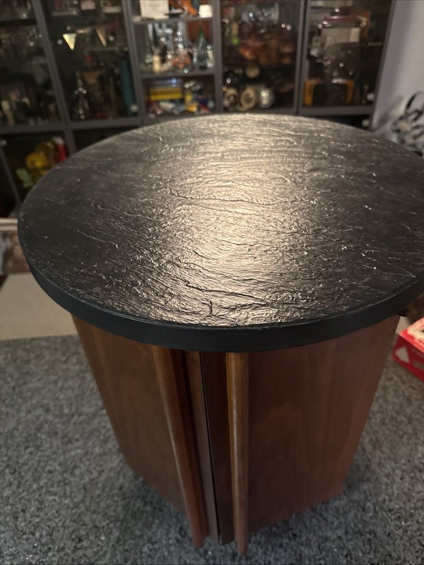 Mid-Century Modern Lane Round Walnut Side Table Hexagon MCM Faux Slate Top NICE gallery