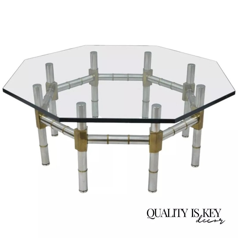 Mid Century Modern Chrome and Brass Faux Bamboo Octagonal Glass Top Coffee Table