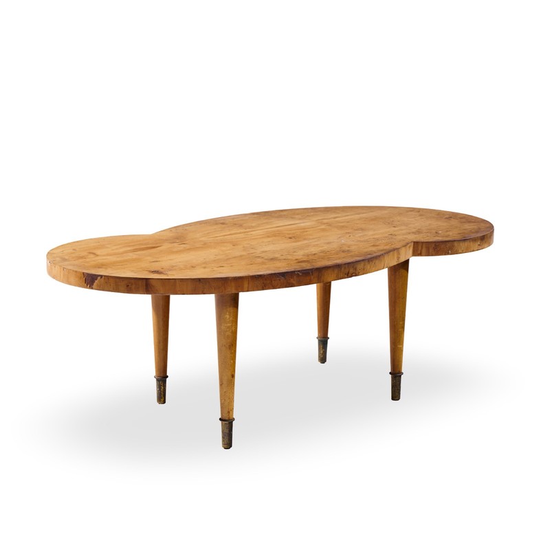 Tommi Parzinger Mid Century Free Form Mahogany and Brass Curved Coffee Table