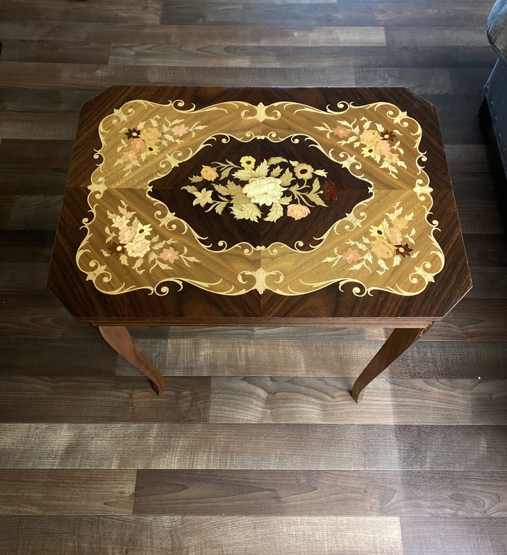 Antique Italian Inlayed Music Cabriole Legs Table & Hinged Top Up