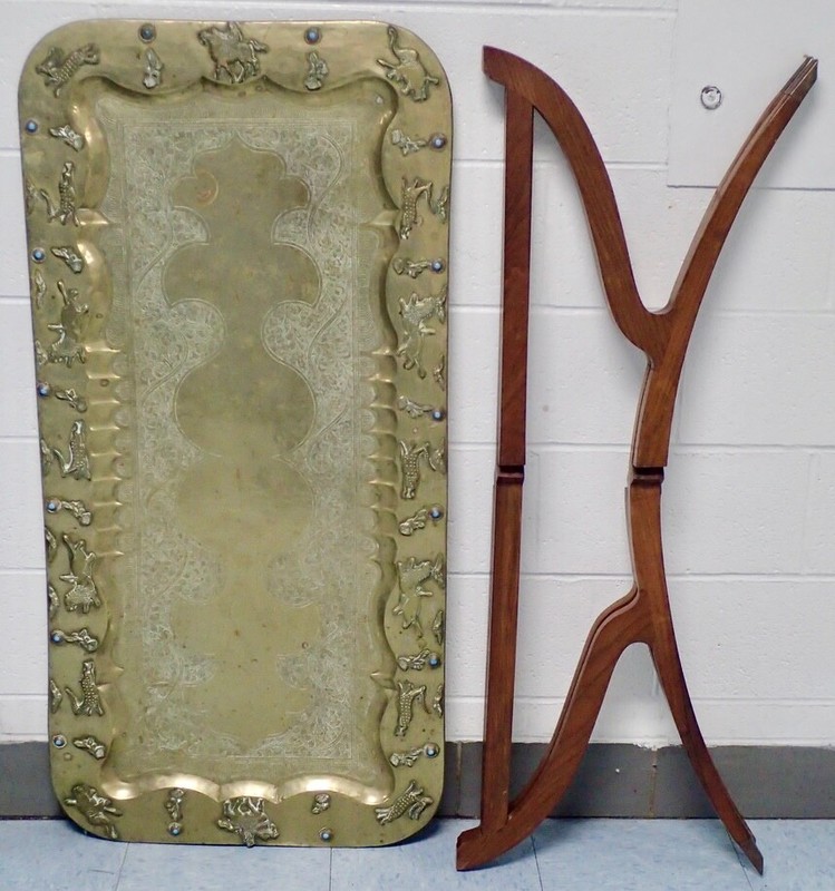 MCM Ornate Brass Tray Table w/ Spider Leg Base 47x23 Raised Animals Border Boho gallery
