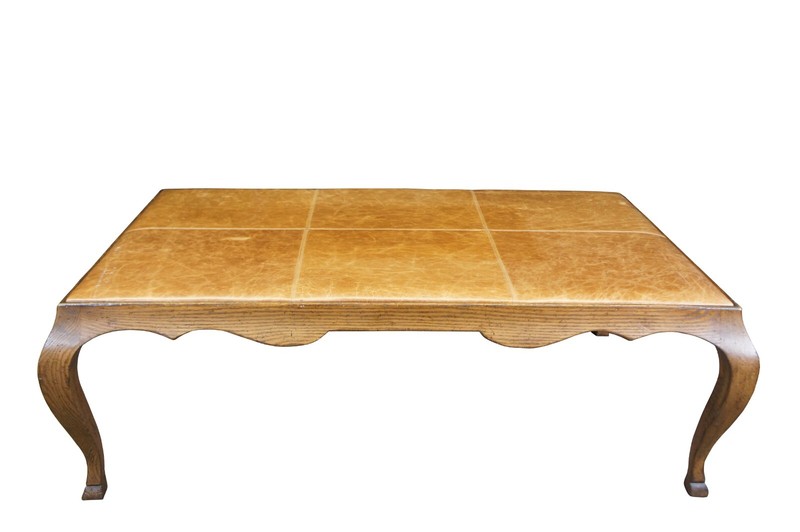 Antique French Country Oak Leather Coffee Cocktail Table Ottoman 58″