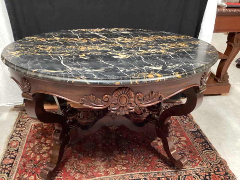 Antique Victorian large marble top table mahogany circa 1850 attributed to Meeks