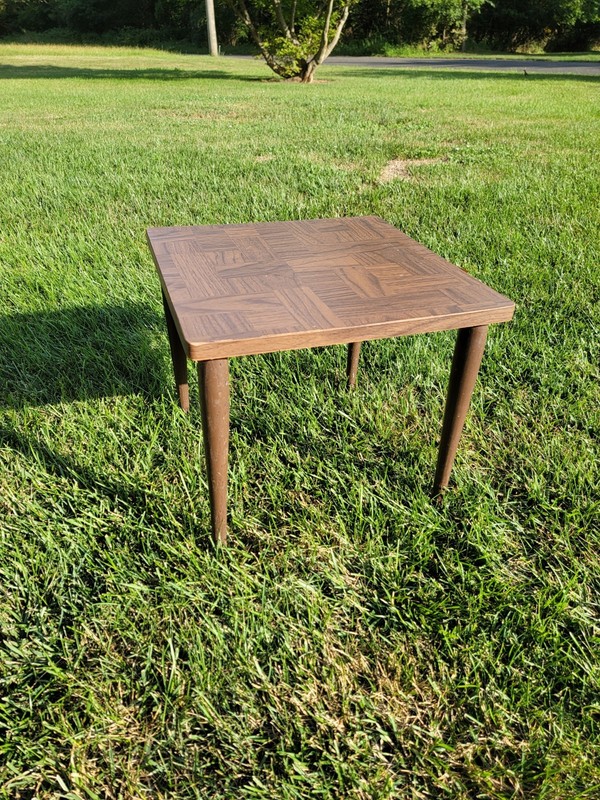 Old school end table (1 foot 3.5 inch square top standing 1 foot 3 inches tall)