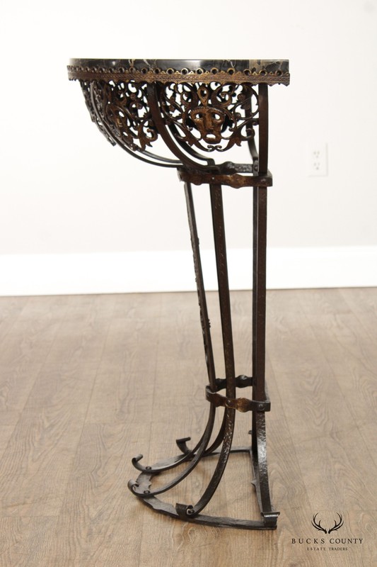 1920's Art Deco Marble Top Wrought Iron Demilune Console Table gallery