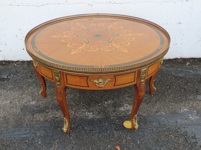 French Inlay Round Coffee Table with Brass Apron 6349