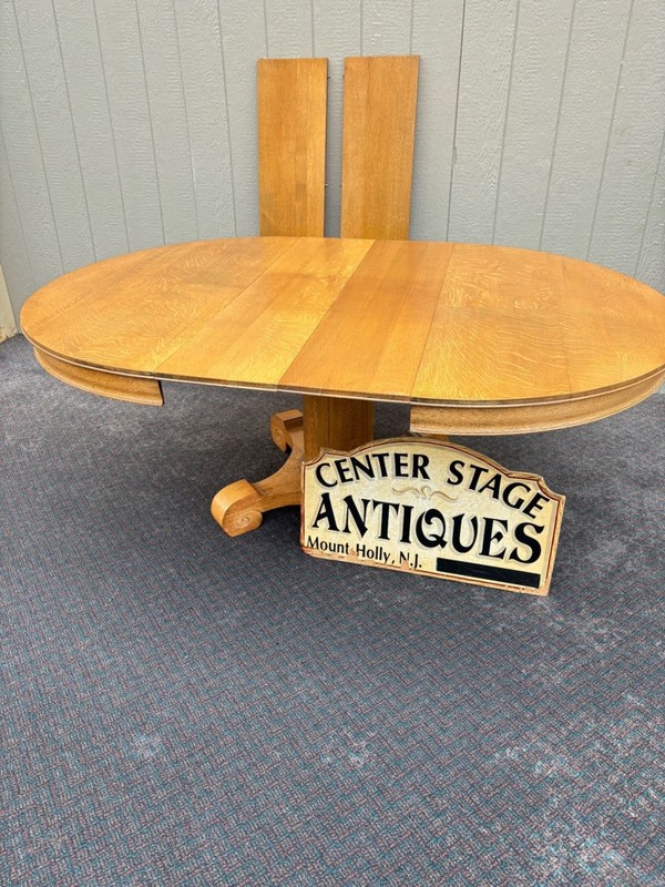 67359 Antique Round Oak Dining Table with Pedestal Base and 4- 12'" Wide Leaves gallery