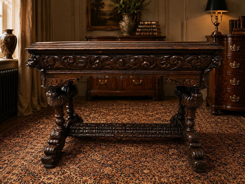 RARE Victorian Carved Oak Table 1870s Handmade Gothic Jacobean UK Delivery gallery