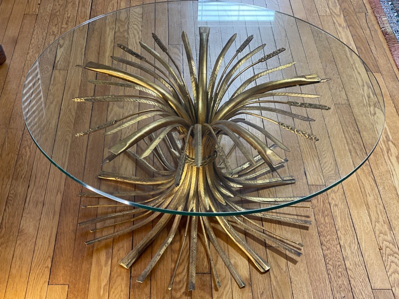 VTG Mid-Century Glass Top Gold Gilt Wheat Sheaf Cocktail Table Hollywood Glamour