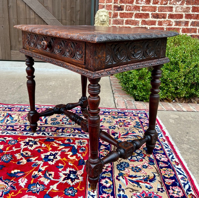 Antique French Desk Writing Table Nightstand PETITE Drawer Carved Oak c. 1900 gallery