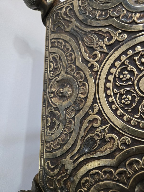 19th Century Embossed 3 Tier Brass Side Table Floral Arabesques Sculpted Busts gallery