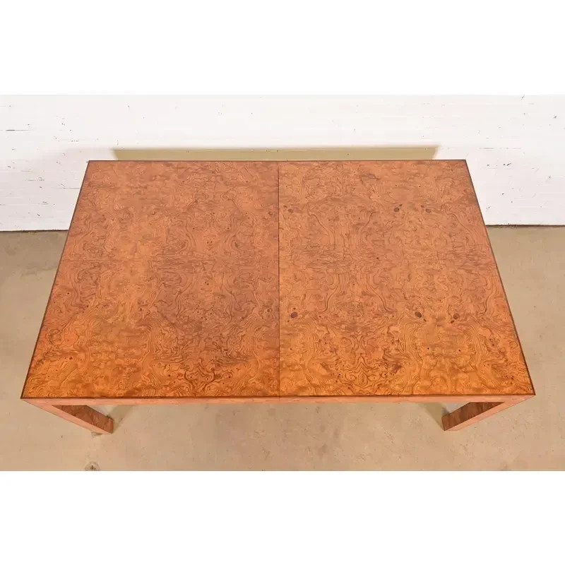 Milo Baughman Style Burl Wood Parsons Extension Dining Table, Newly Refinished gallery