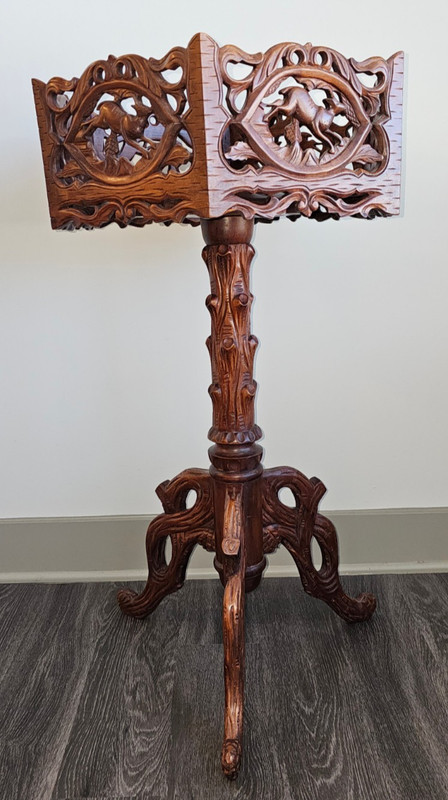 Ornate Black Forest Style Carved 37" Tall Pedestal Table w/ Deer Carvings