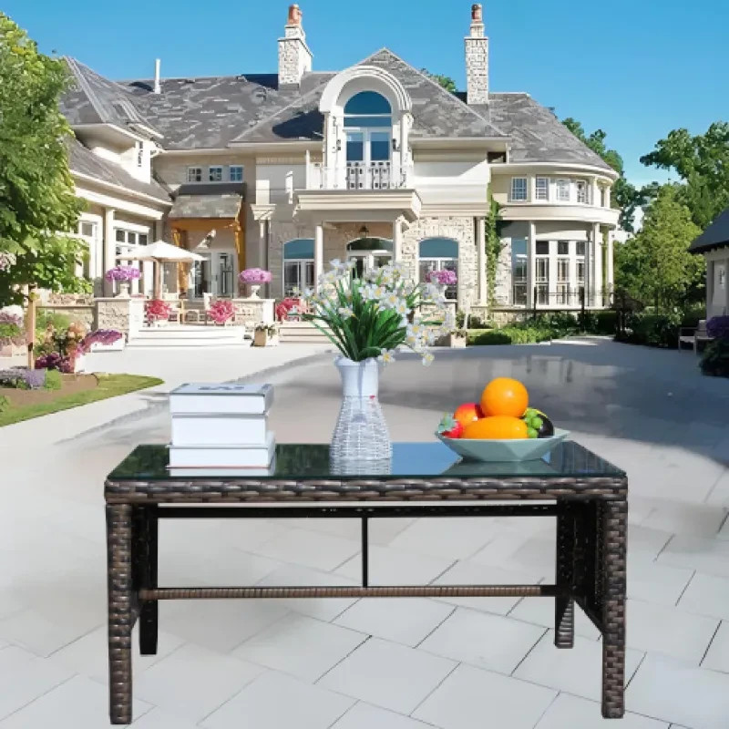 Patio Coffee Table Rattan Wicker Clear Tempered Glass Weather Resistant Garde gallery
