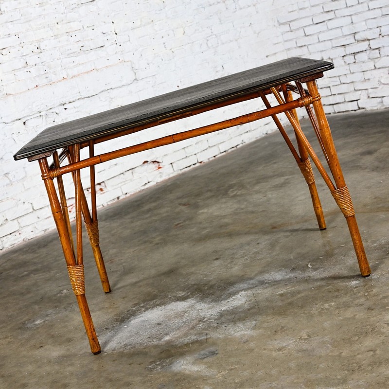 Mid 20th Island Style Rattan Dining Table with Ebony Stained Hardwood Top gallery
